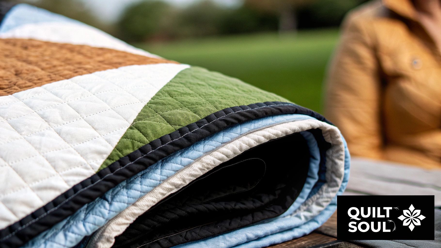 A stack of neatly folded quilts showcasing different colors and patterns.