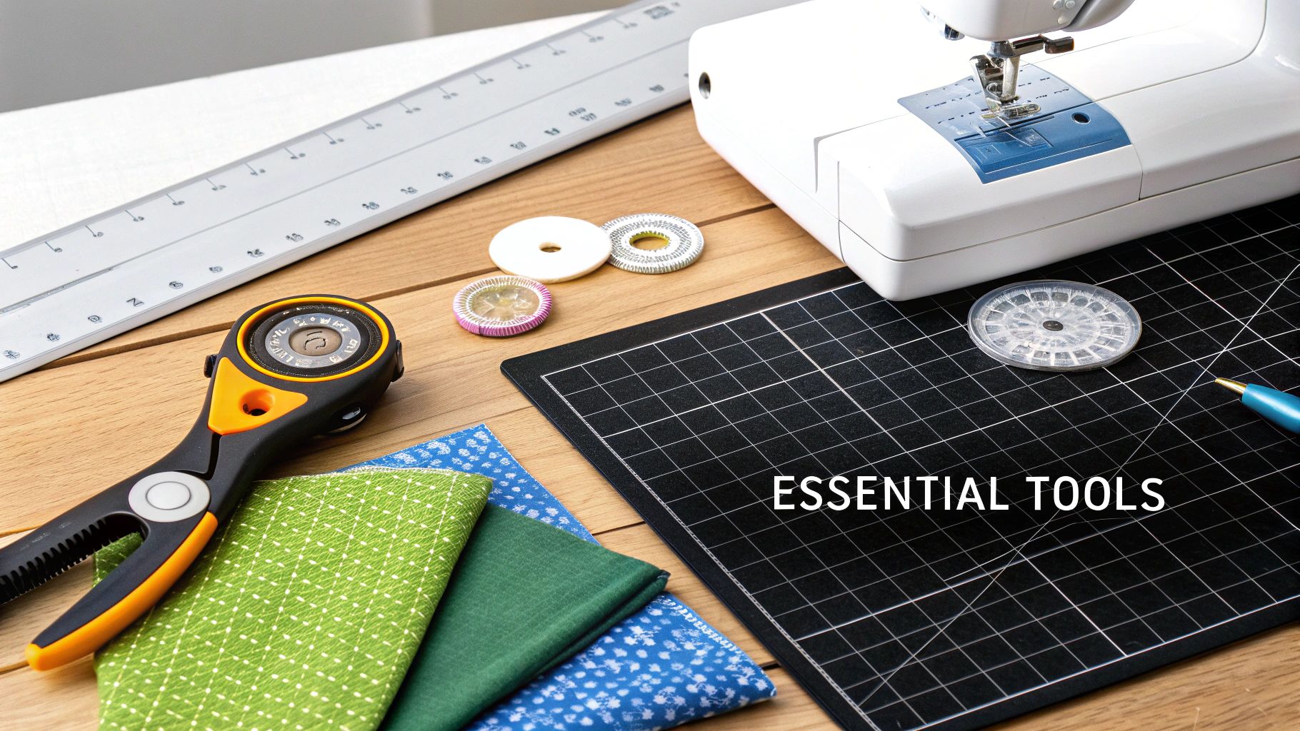 A flat lay of essential quilting and sewing tools, including a machine, ruler, and fabrics.