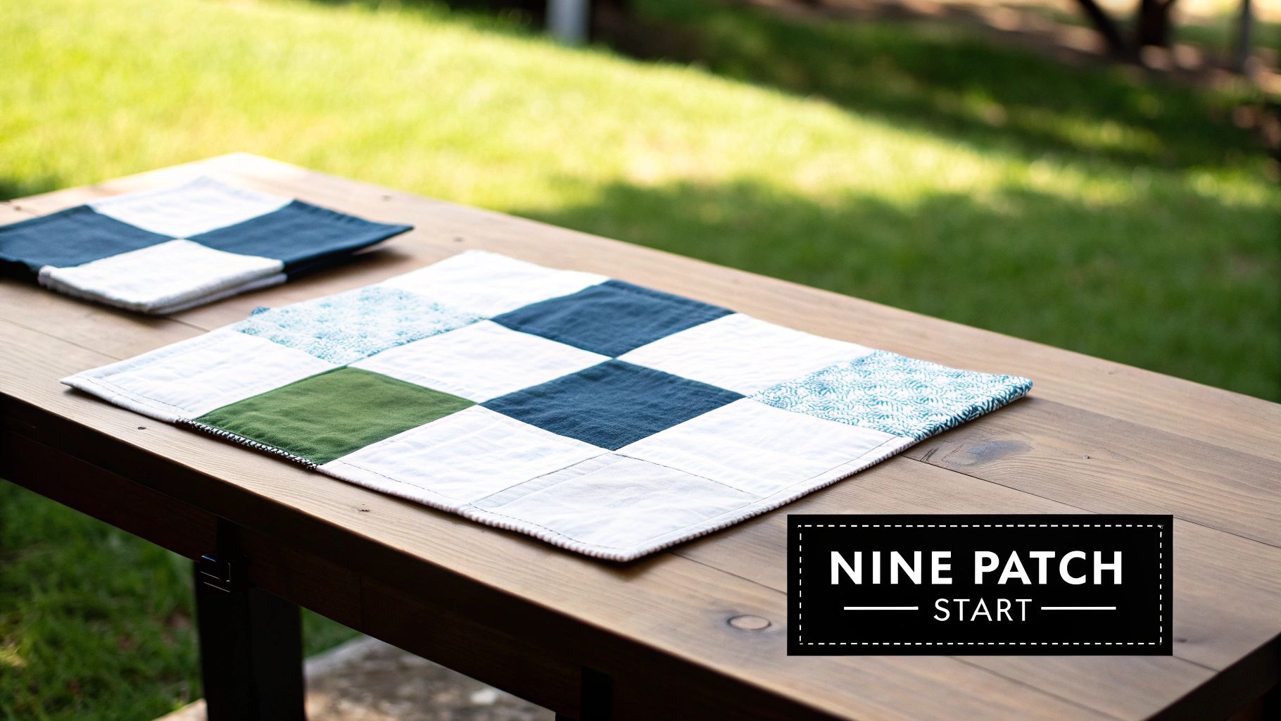 Two colorful patchwork nine-patch mats on a wooden outdoor table with green grass in the background.