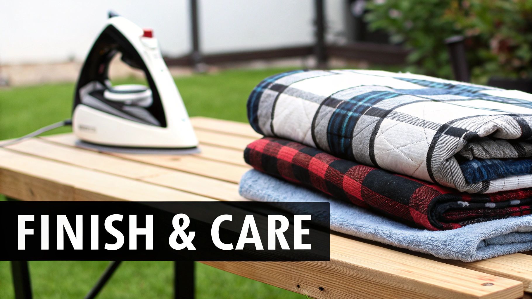 An iron and a stack of folded plaid blankets on a wooden table with 'FINISH & CARE' text.