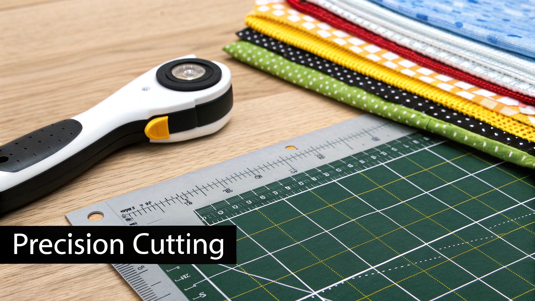 A rotary cutter, ruler, and self-healing cutting mat on a wooden table with colorful fabric scraps, depicting precision cutting.