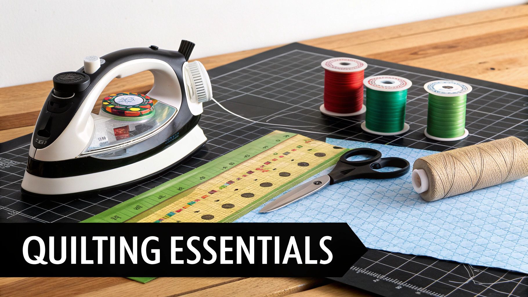 A well-organized quilting workspace with fabric, a rotary cutter, and a cutting mat.