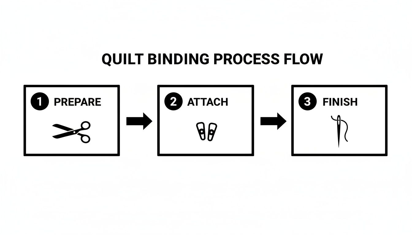A quilt binding process flow diagram illustrating three key steps: prepare, attach, and finish.
