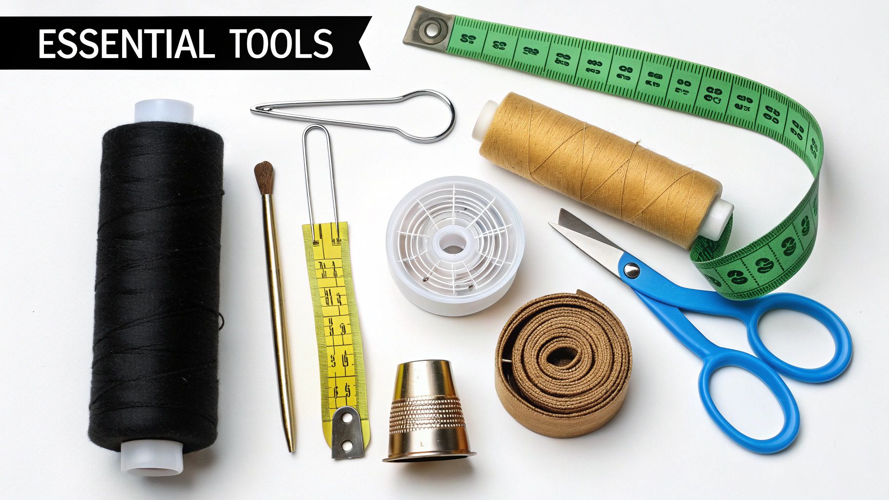 Essential sewing tools are neatly arranged, featuring thread spools, measuring tapes, scissors, and a thimble.