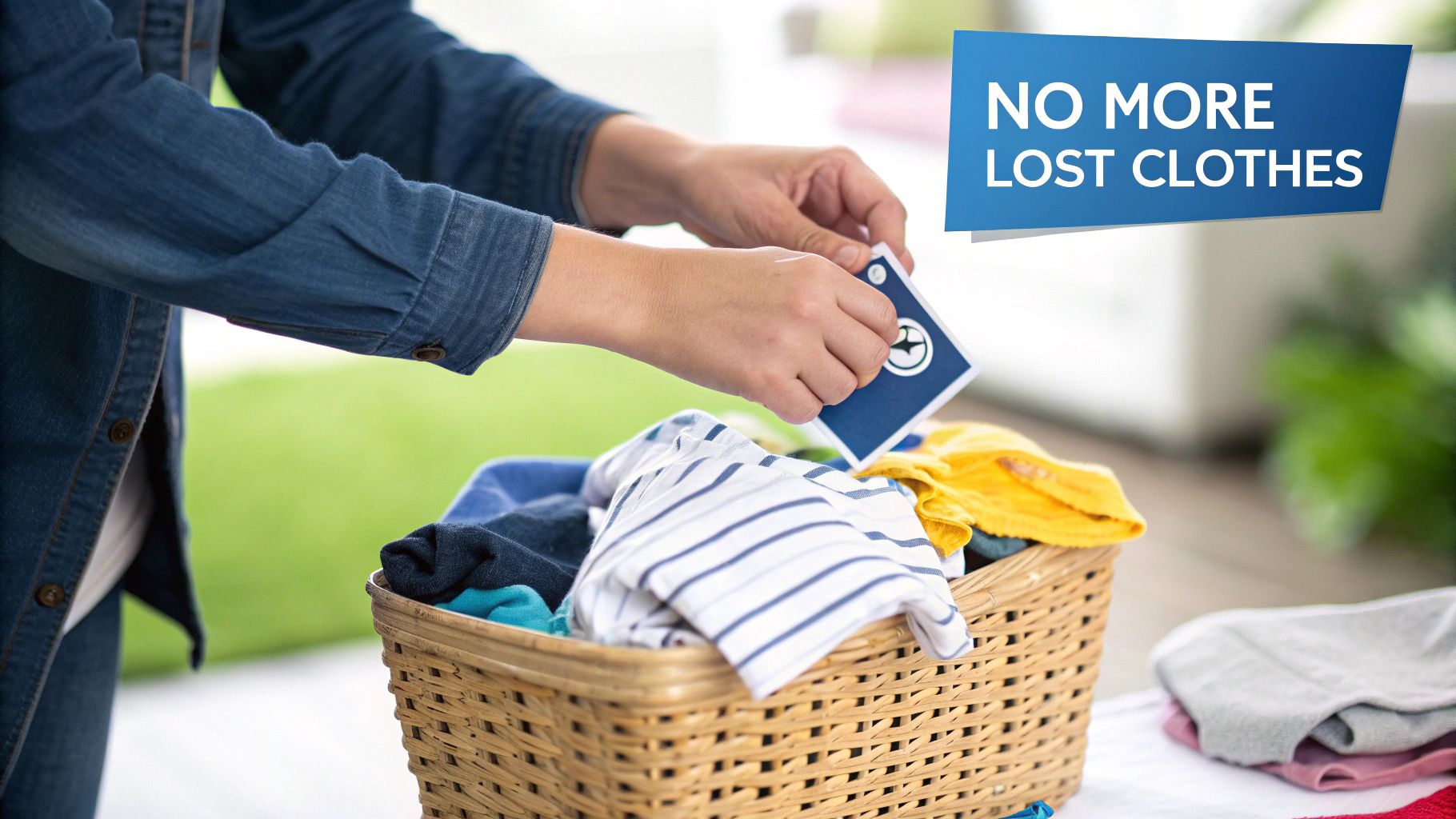 Hands are placing a small blue label into a laundry basket full of clean clothes.