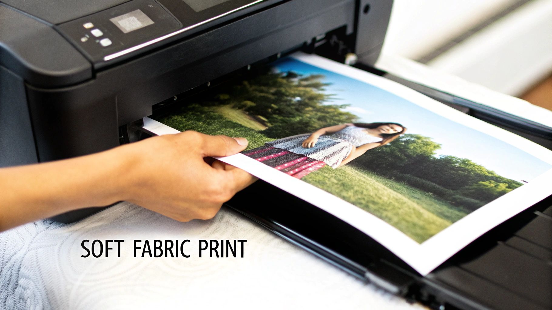 A hand guides a vibrant photo print of a woman into a black home printer, implying fabric printing.