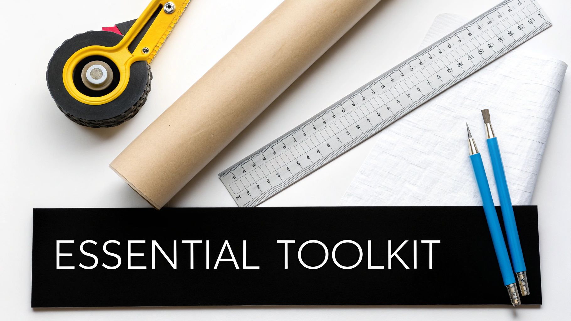 A collection of sewing tools for pattern alteration laid out on a table, including rulers, measuring tapes, and marking tools.