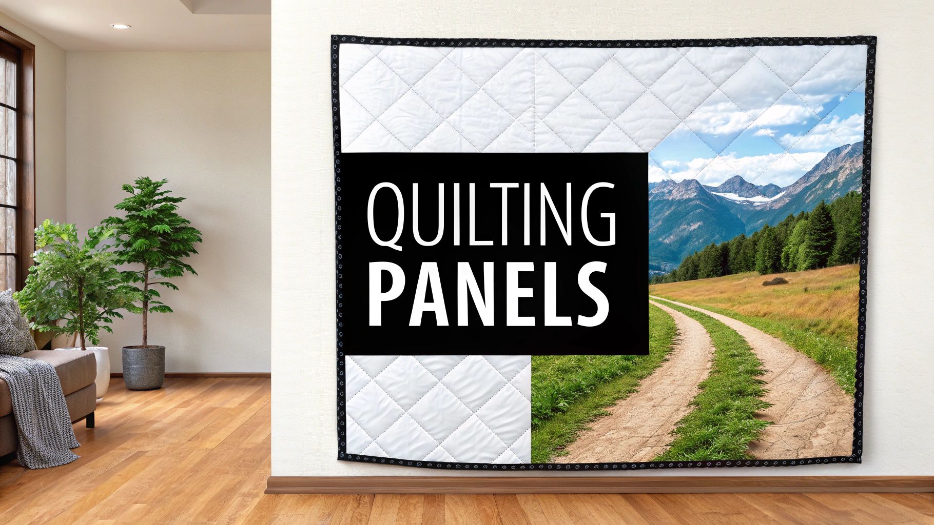 Large quilted panel on a wall featuring a mountain path, trees, and the text 'QUILTING PANELS'.