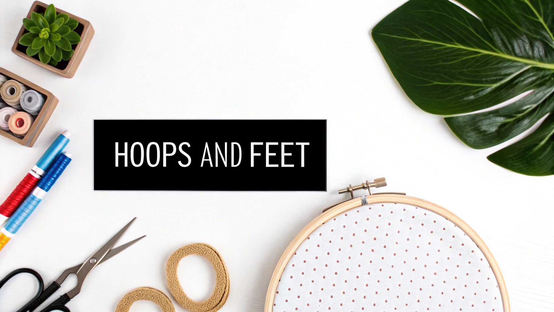 A flat lay of crafting essentials like thread, scissors, embroidery hoop, and a small plant on a white background.