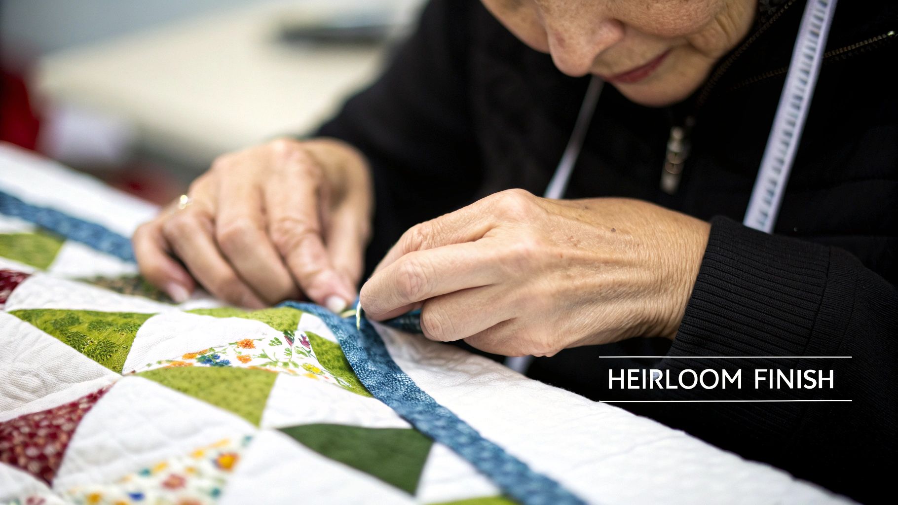 Close-up of an older woman's hands carefully hand-stitching the binding onto a colorful quilt, creating an heirloom finish.