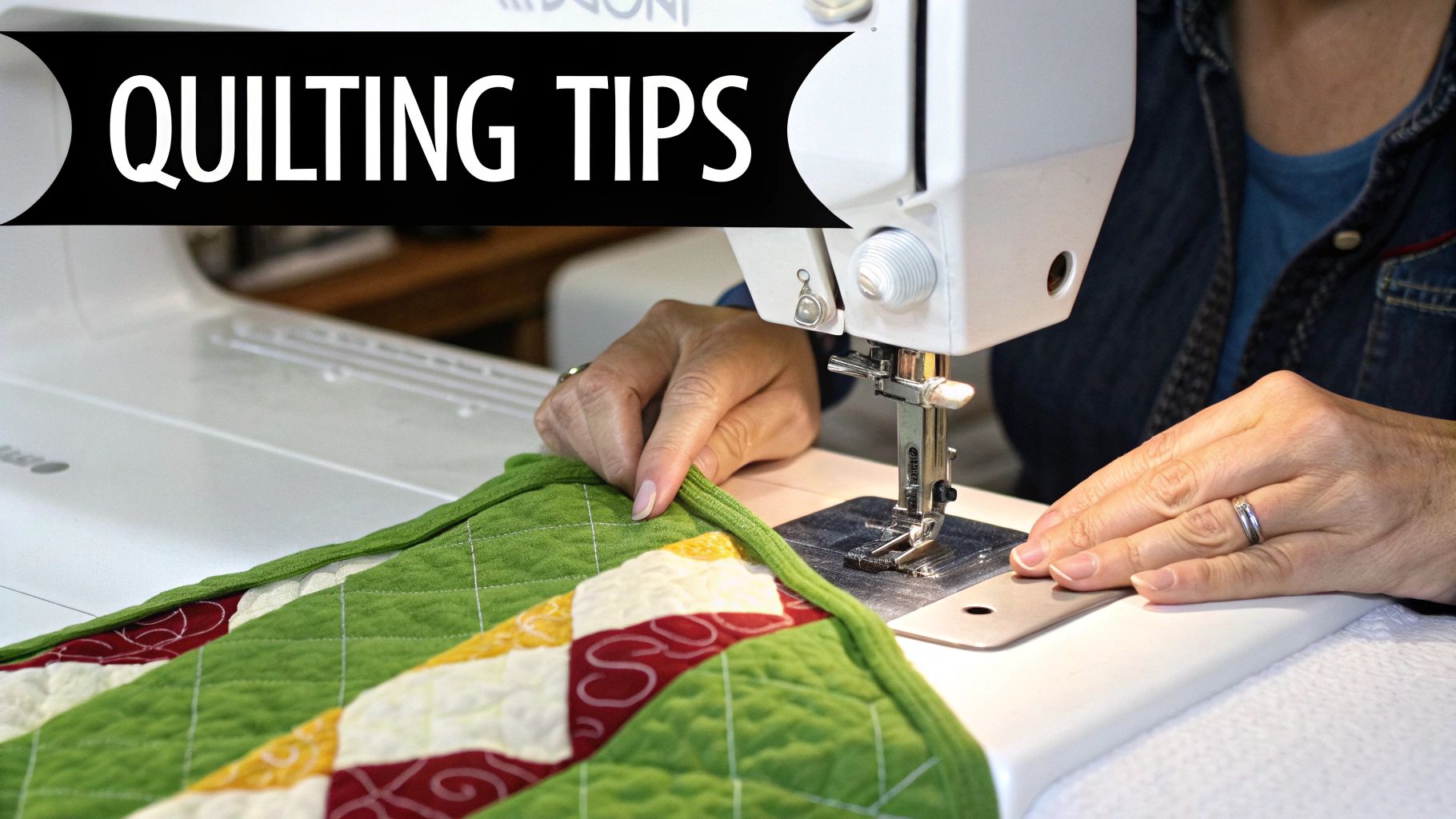 Hands sewing a vibrant green, red, and yellow quilted project on a modern sewing machine, with 'QUILTING TIPS' banner.