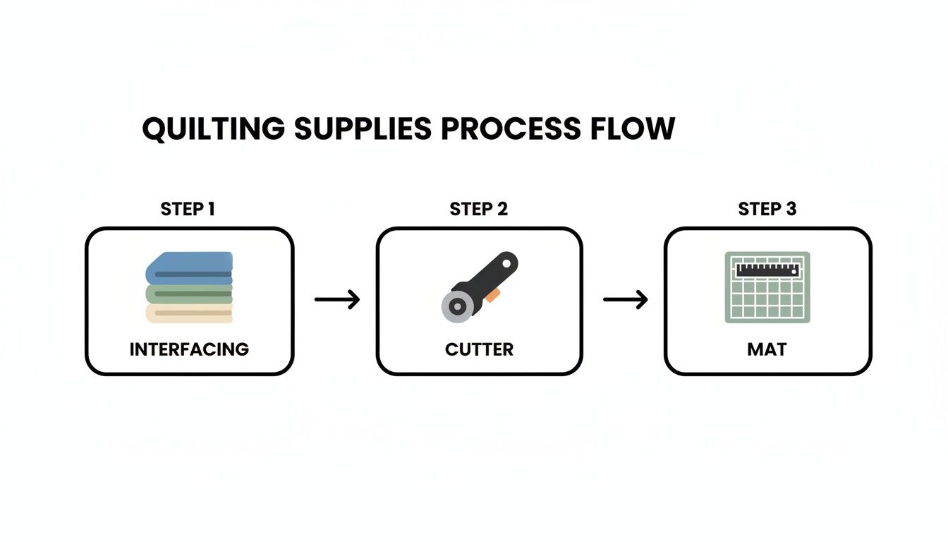 Quilting supplies process flow diagram showing interfacing, rotary cutter, and cutting mat in three steps.