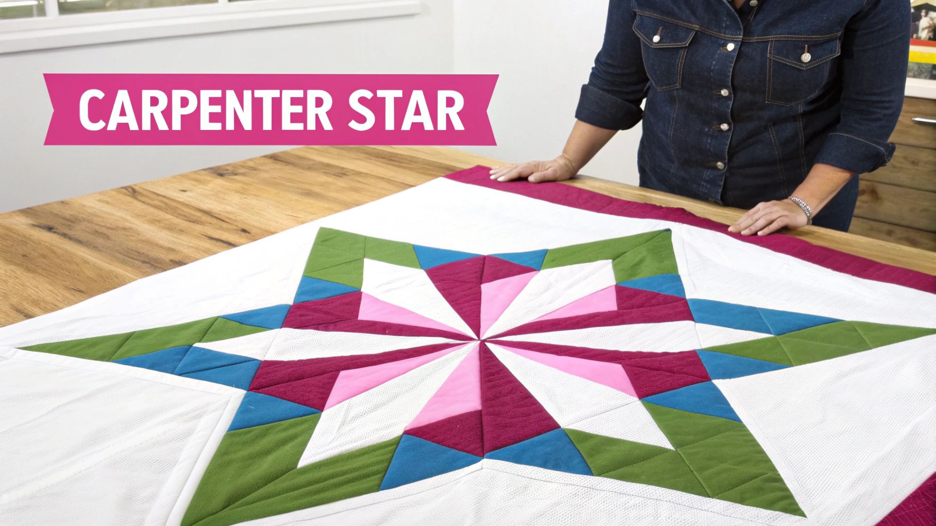 A person's hands on a wooden table next to a colorful Carpenter Star quilt.