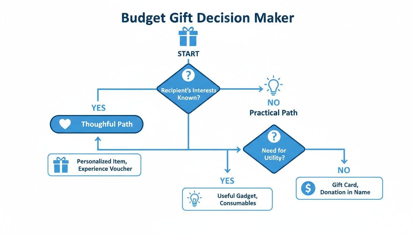 A flowchart titled 'Budget Gift Decision Maker' guiding gift choices based on recipient's interests and utility.