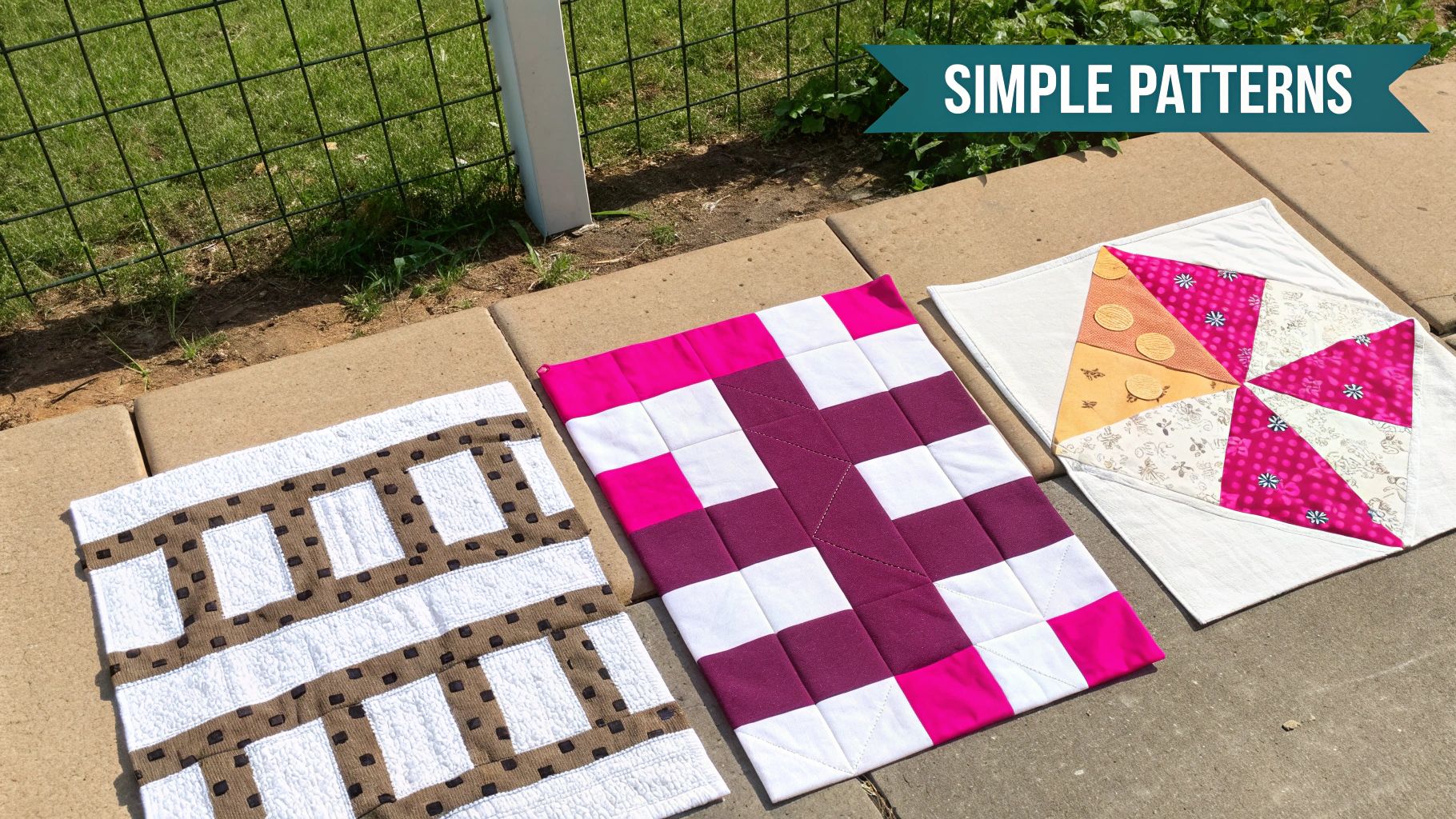 A stack of colorful, neatly folded quilts with simple geometric patterns.