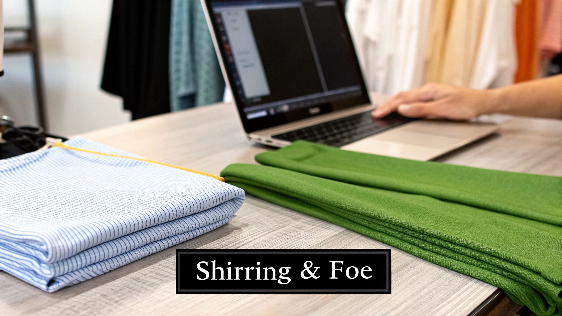 A sewing workspace with folded blue striped and green fabrics, a laptop, and a hand.
