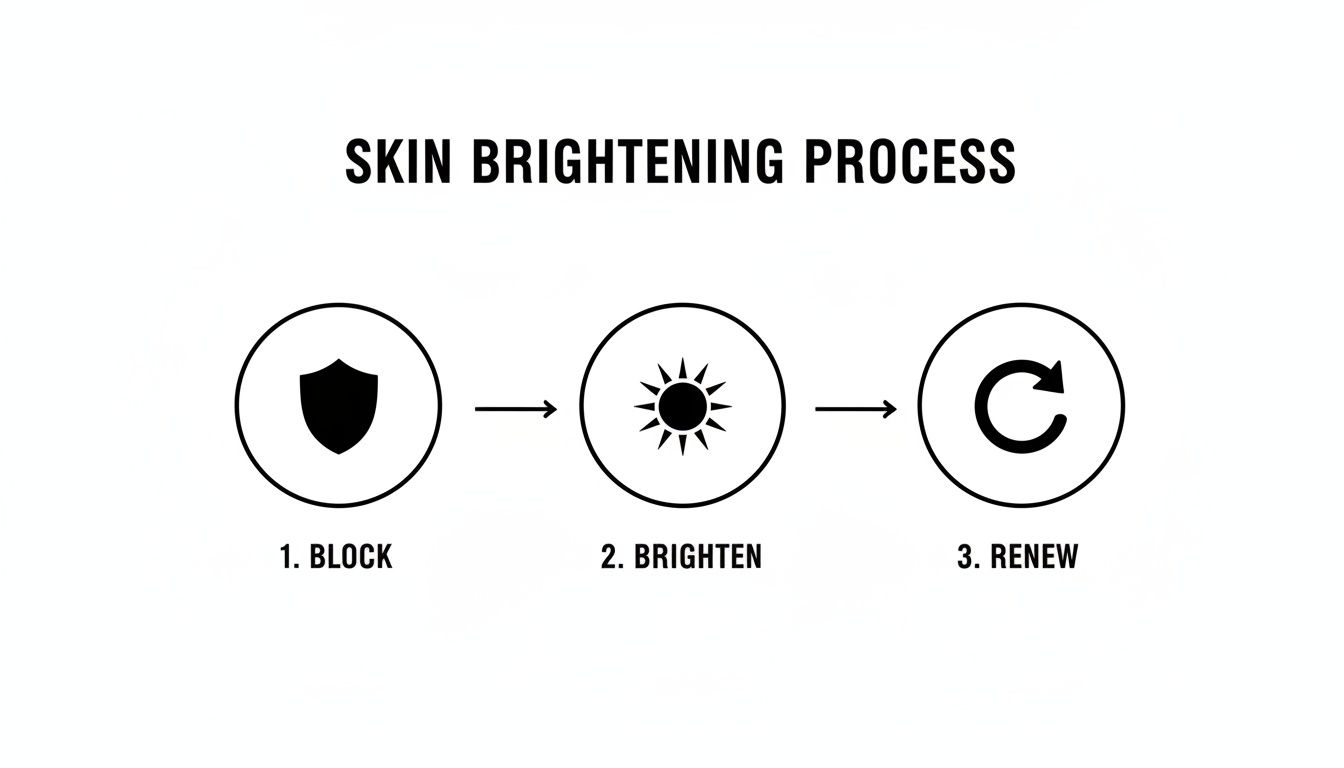 A diagram outlining a 3-step skin brightening process: Block, Brighten, and Renew, with corresponding icons.