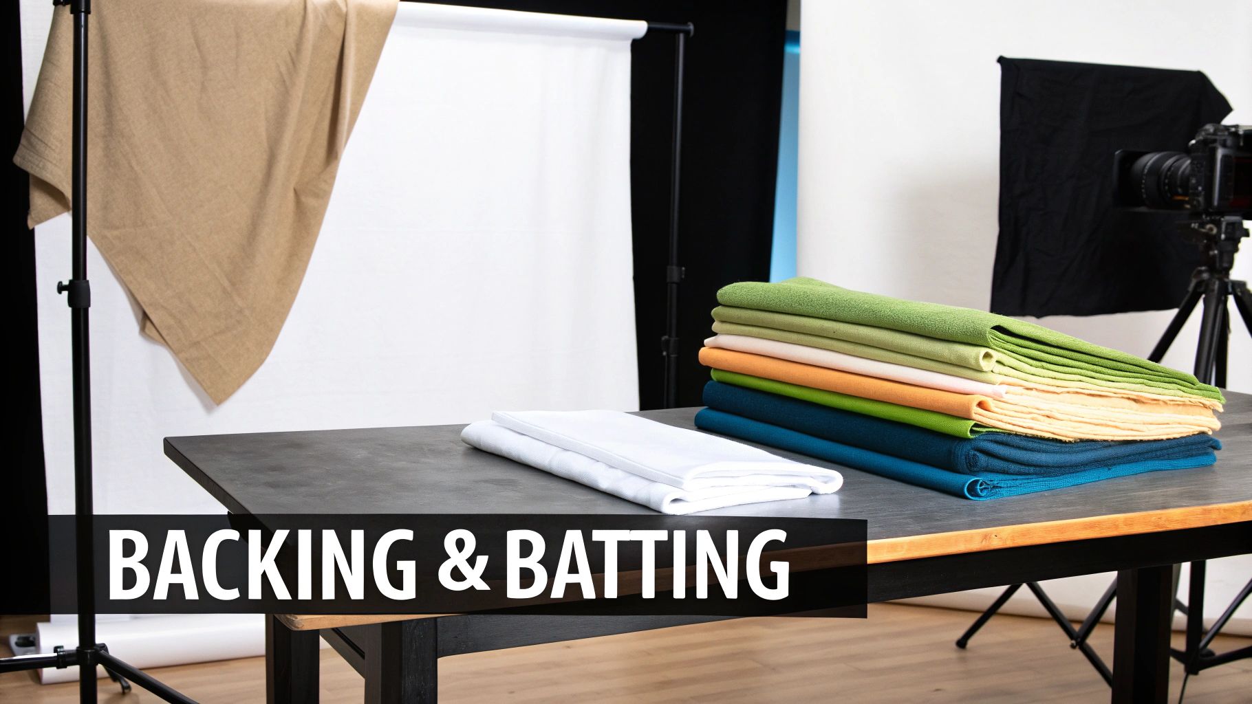 A person quilting a large quilt on a sewing machine, showing the backing and batting layers.