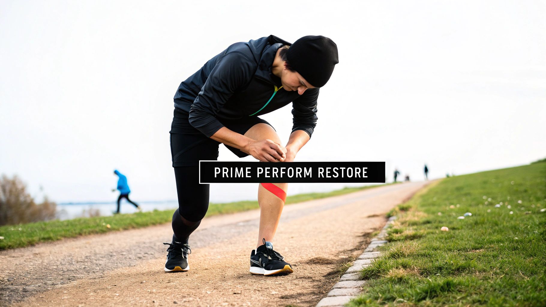 A runner clutches their knee, which has red kinesiology tape, on a dirt path.