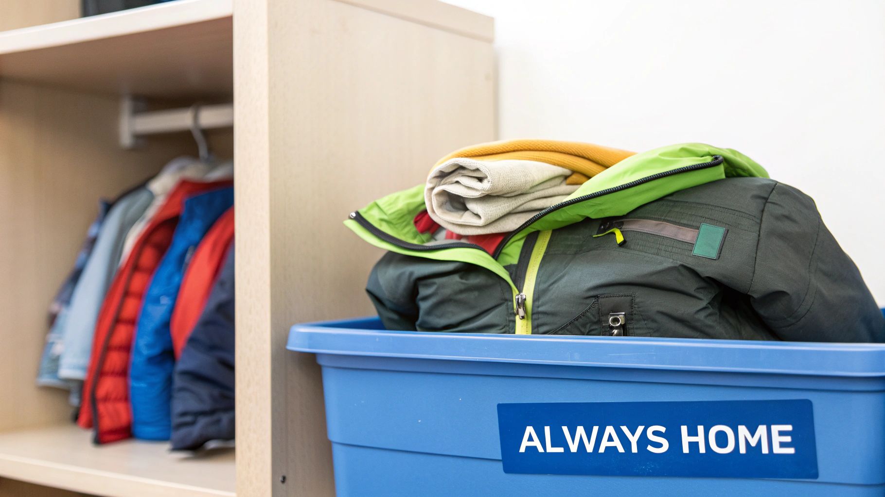 A blue storage bin filled with folded winter clothes, including a jacket and sweaters, next to a closet.