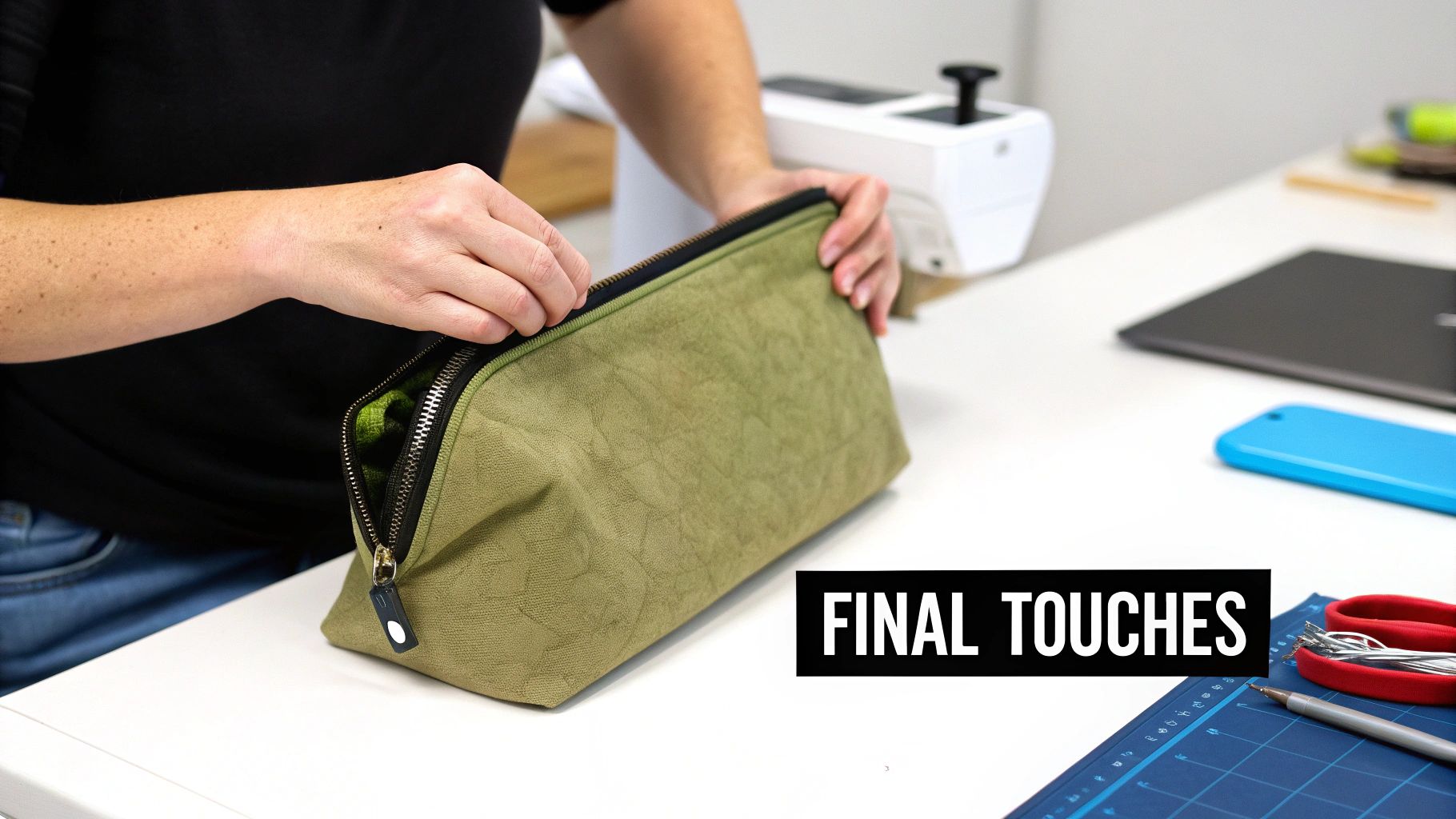 Hands zipping up a newly sewn green fabric pouch on a white table, showing the final touches.