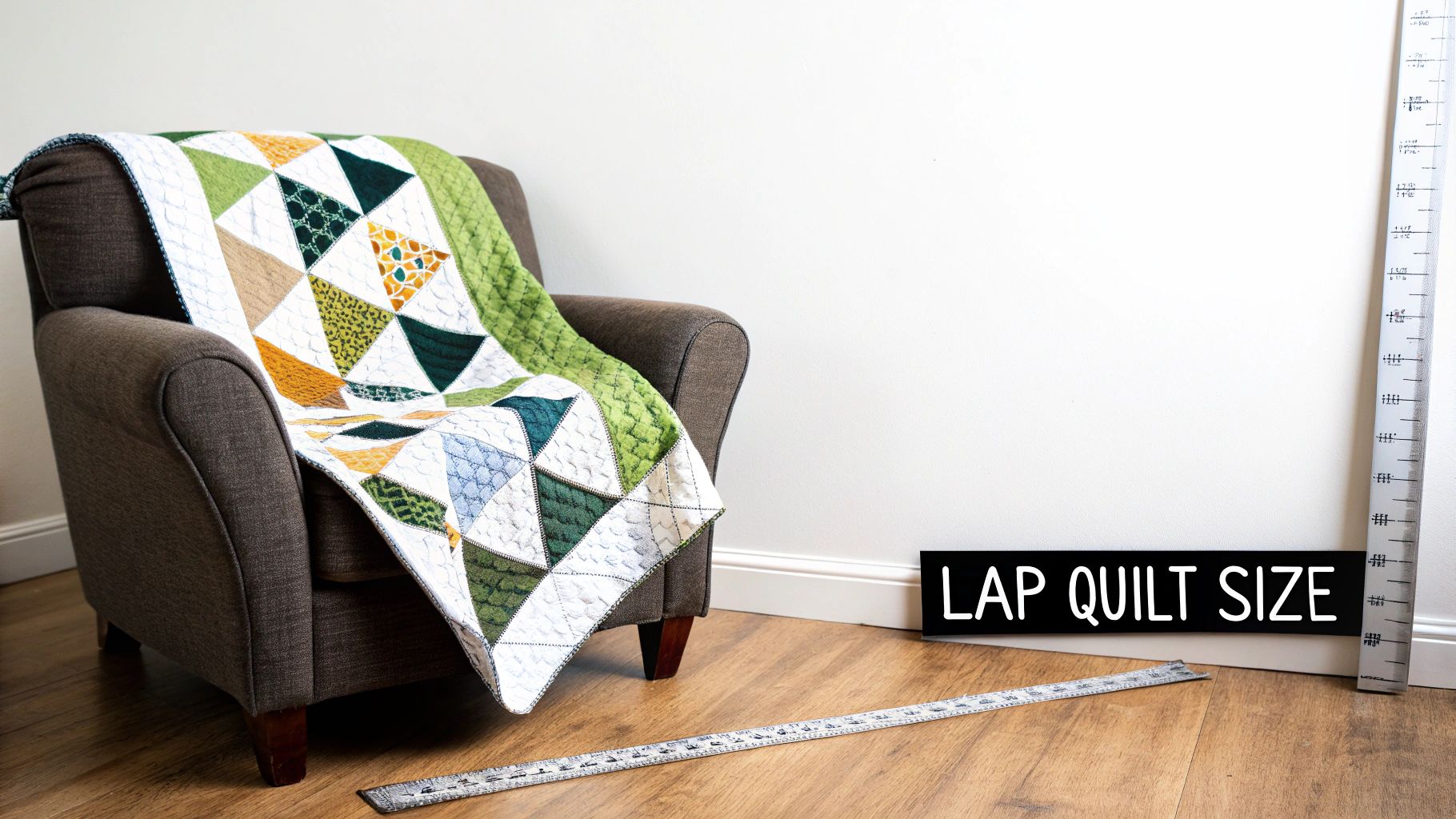 A cozy armchair with a colorful, geometric lap quilt, displayed alongside rulers indicating its size.