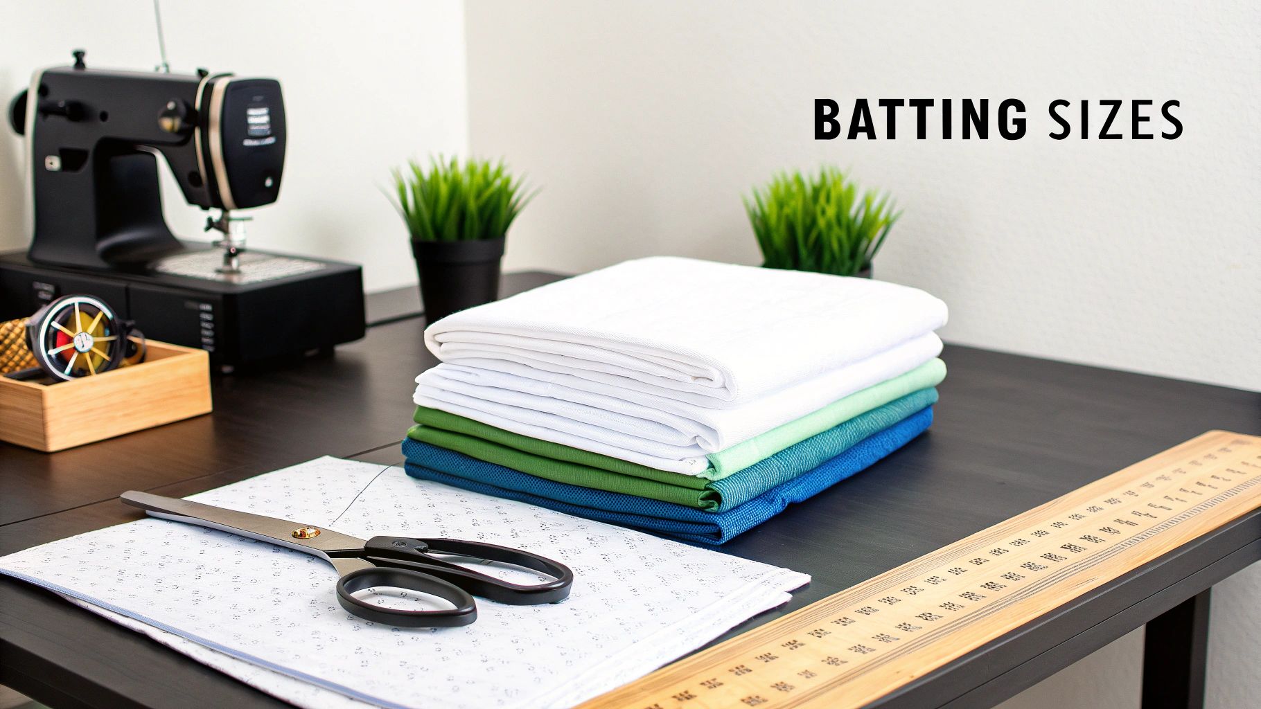 A sewing workspace featuring a machine, folded fabrics, scissors, and a wooden ruler, with 'BATTING SIZES' text.