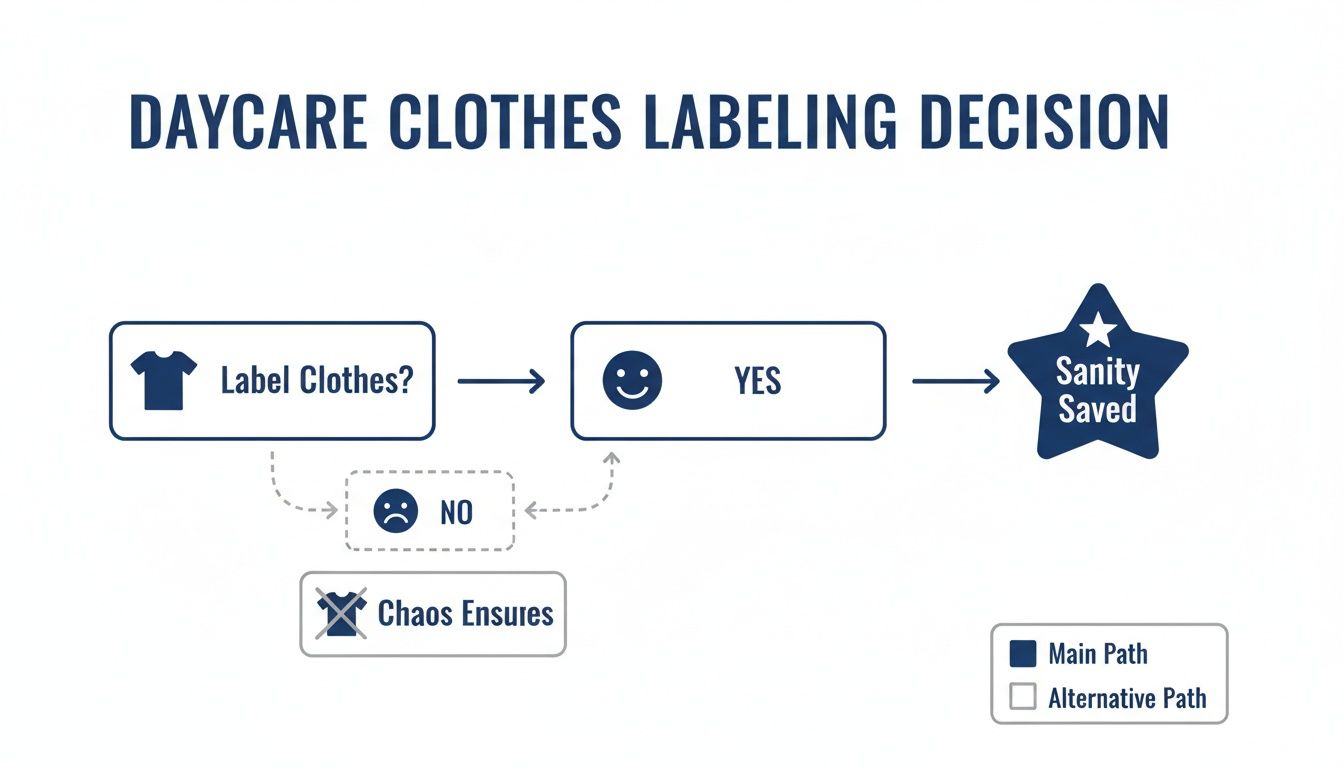A flowchart detailing the decision to label daycare clothes, leading to sanity or chaos.