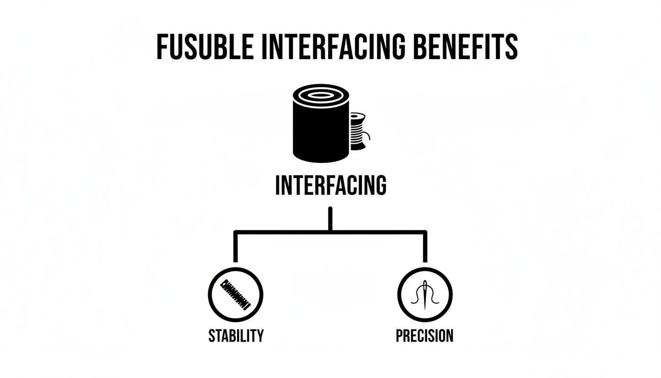 A diagram illustrating the benefits of fusible interfacing, highlighting stability and precision.
