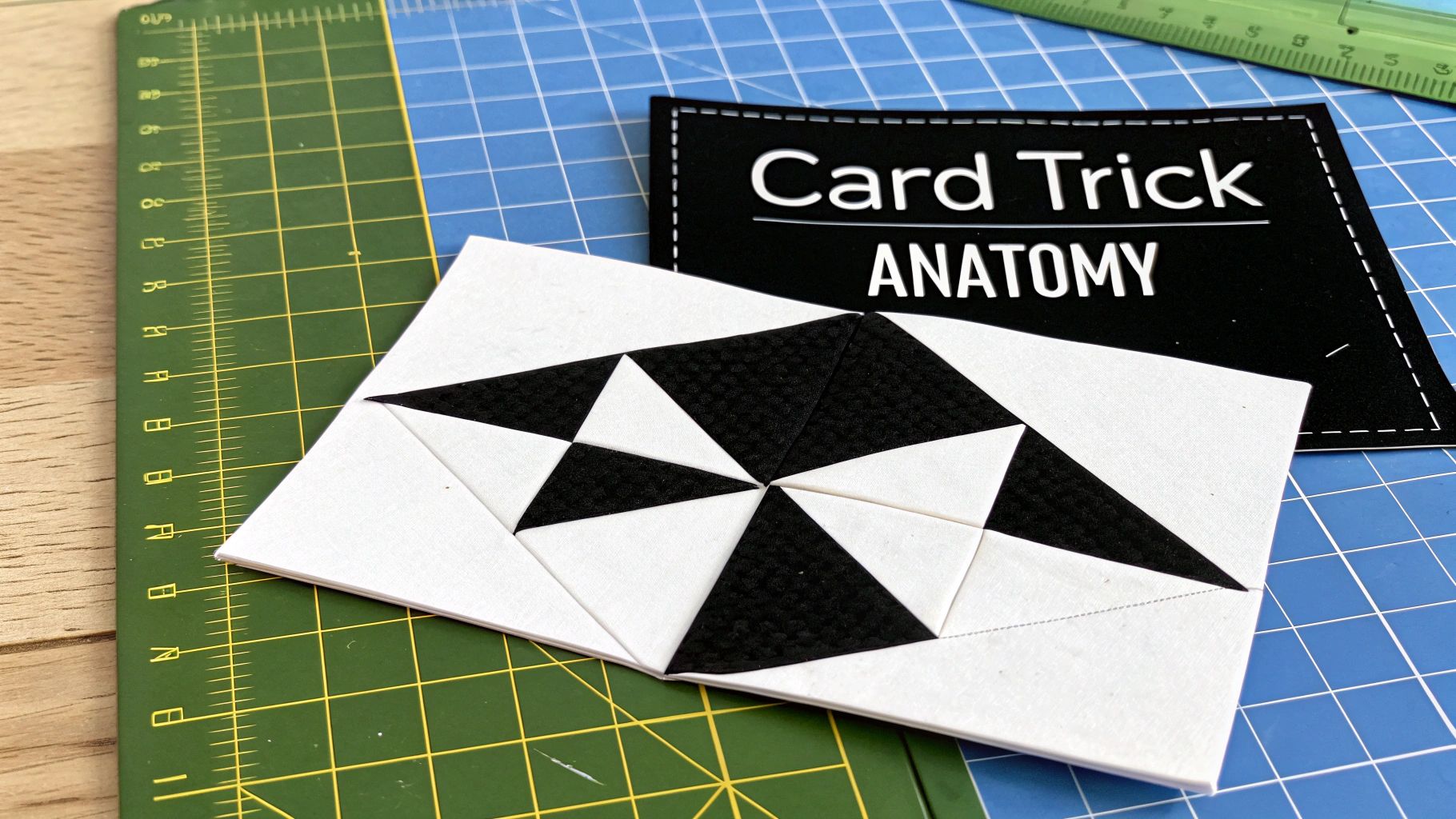 A finished Card Trick quilt block showing interwoven fabric patterns in blue, yellow, and green.