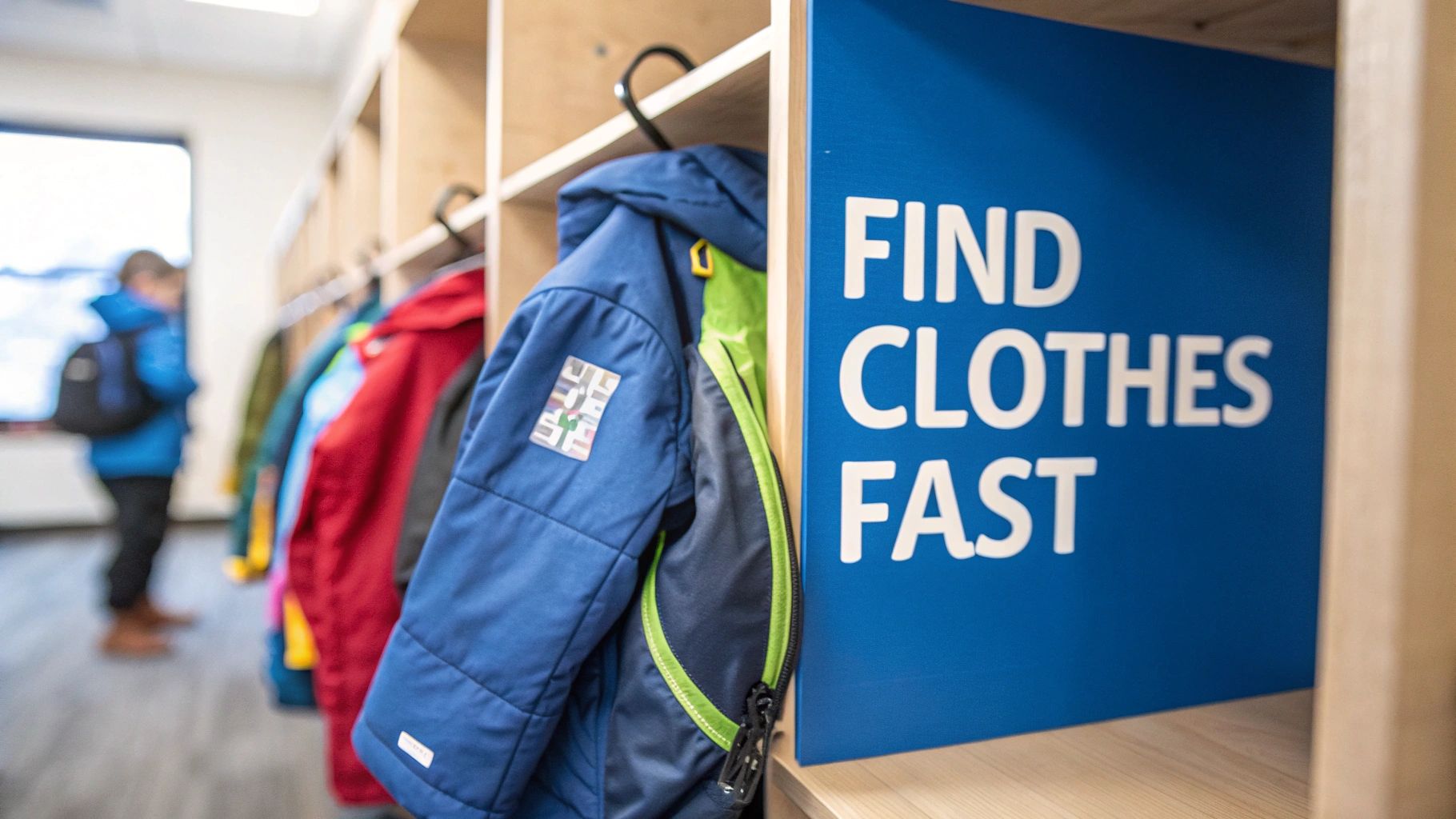 Colorful children's coats hang in cubbies with a blue sign saying 'Find Clothes Fast', a child is blurred in the background.