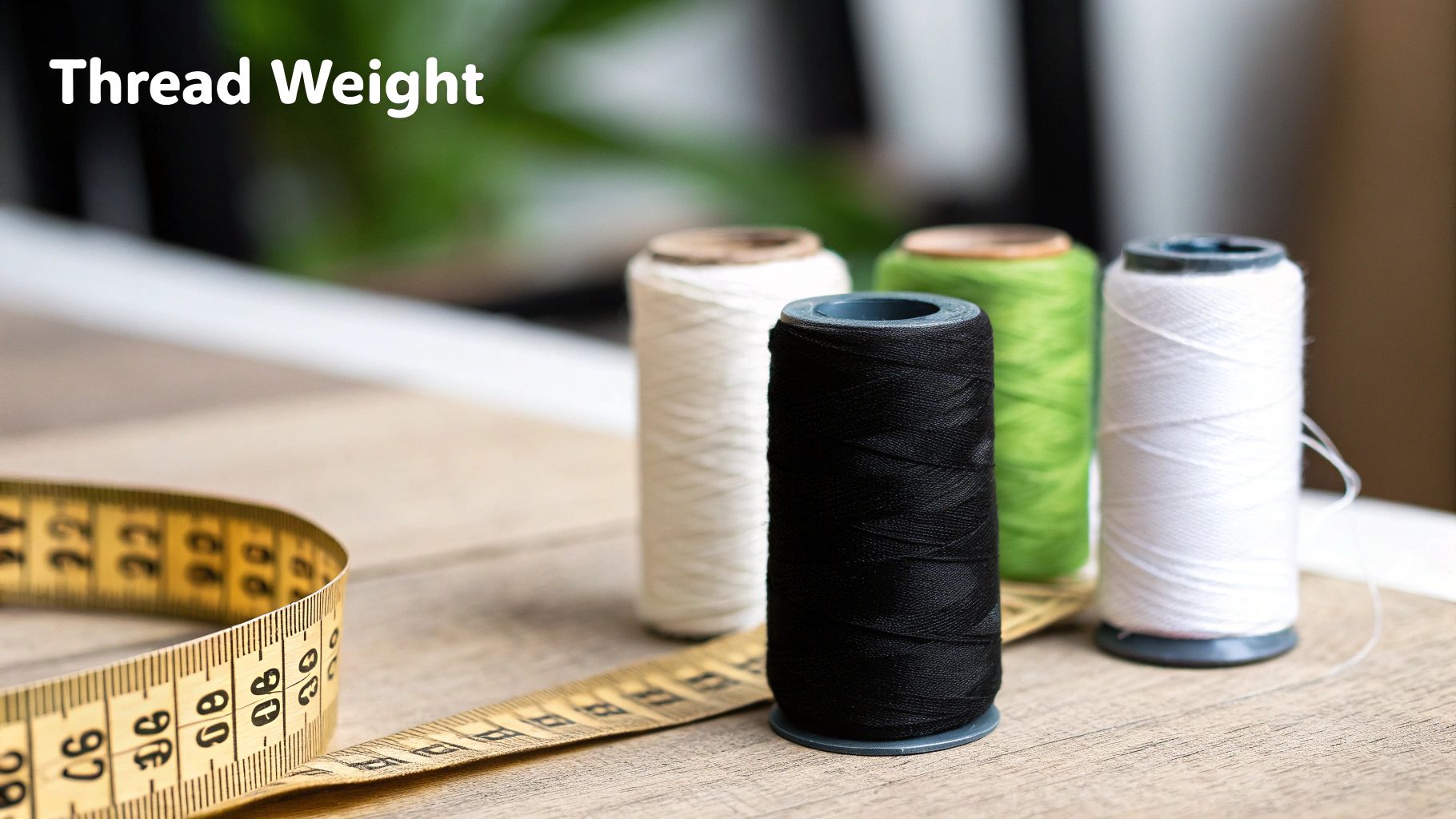 Various spools of colorful thread (black, white, green) and a measuring tape on a wooden table, with text 'Thread Weight'.