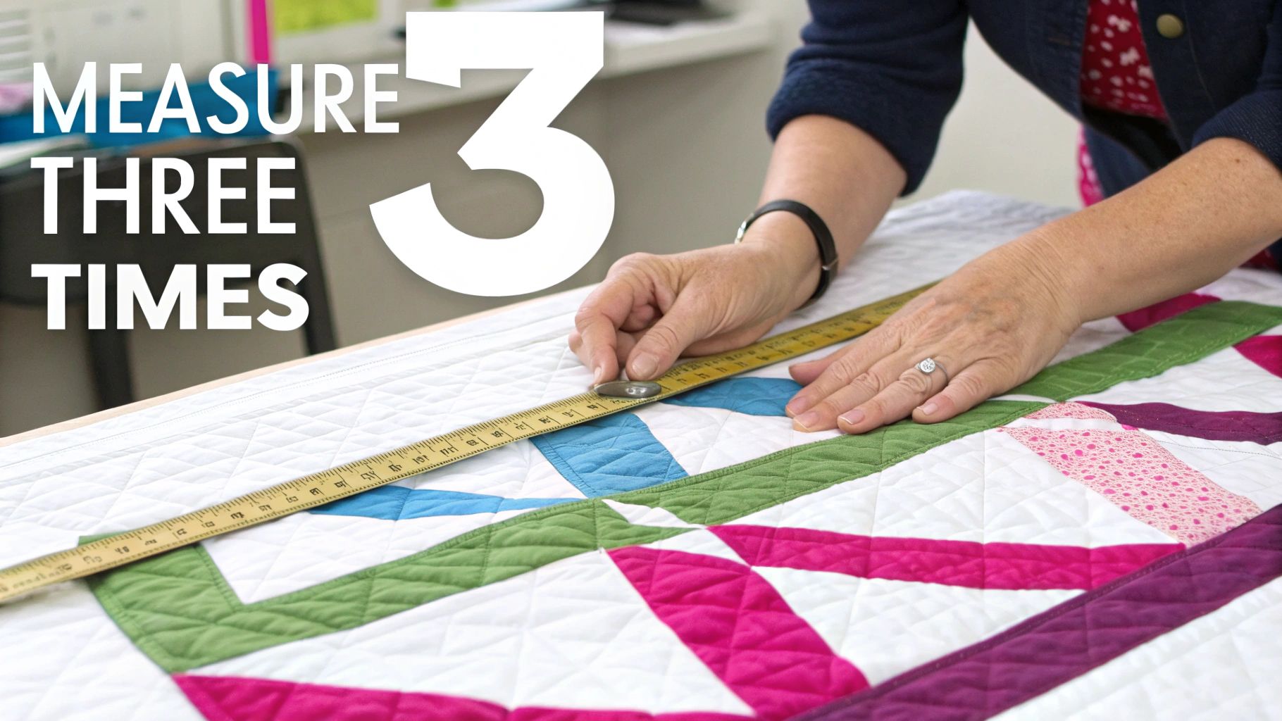 A person measuring a colorful quilt top with a yellow measuring tape.