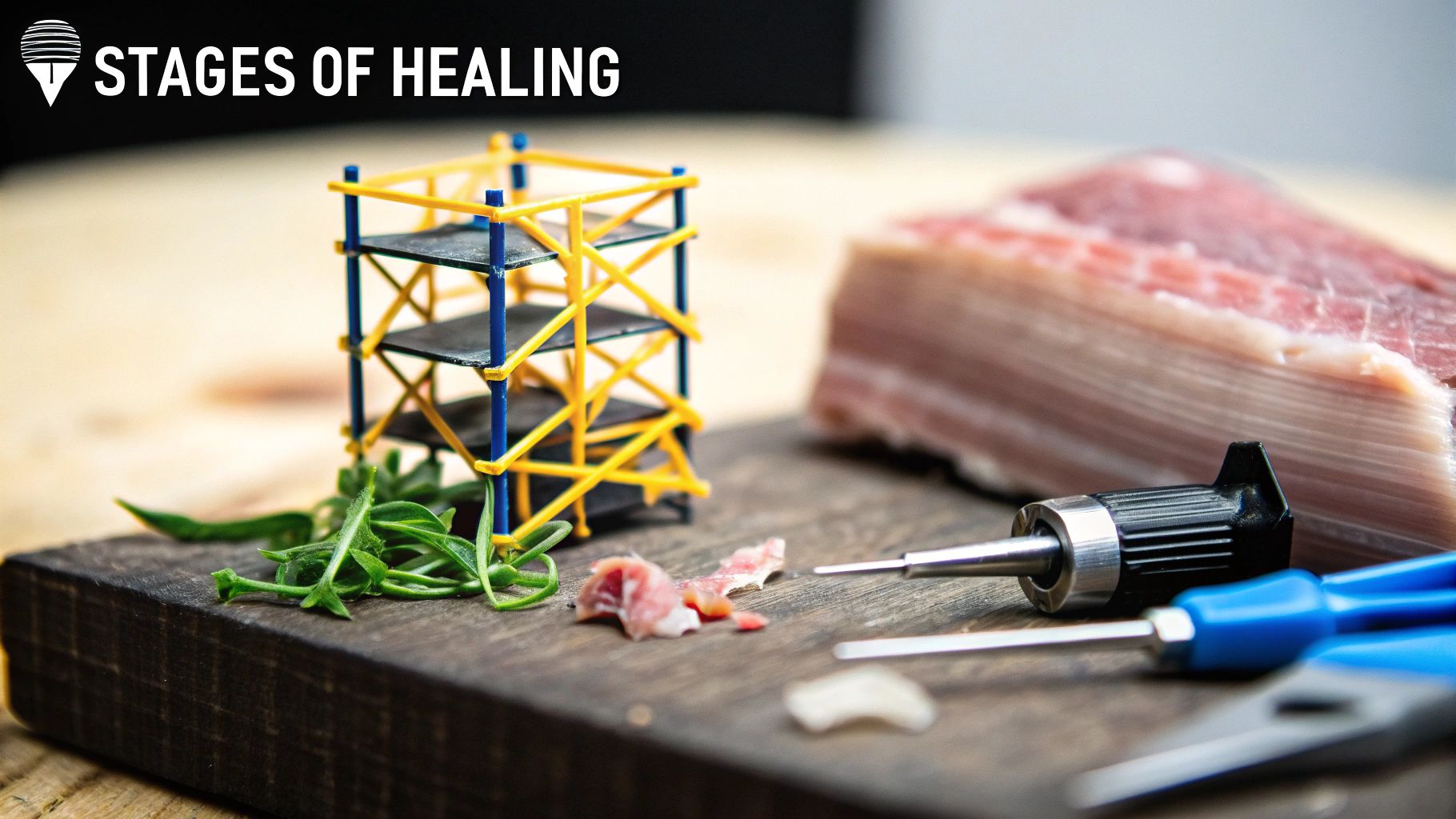 Miniature scaffolding, raw meat, fresh herbs, and precision tools on wood, illustrating stages of healing.