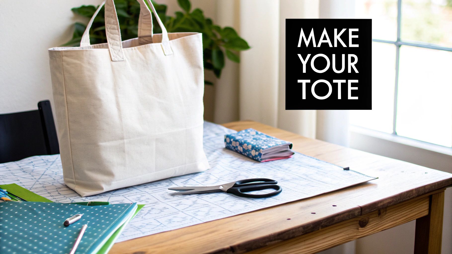 A DIY canvas tote bag project with scissors, notebooks, and supplies on a wooden table, featuring 'MAKE YOUR TOTE' text.