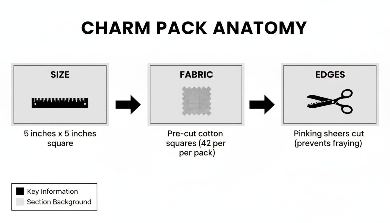 An infographic explaining charm pack anatomy, showing 5x5 inch cotton squares with pinked edges.