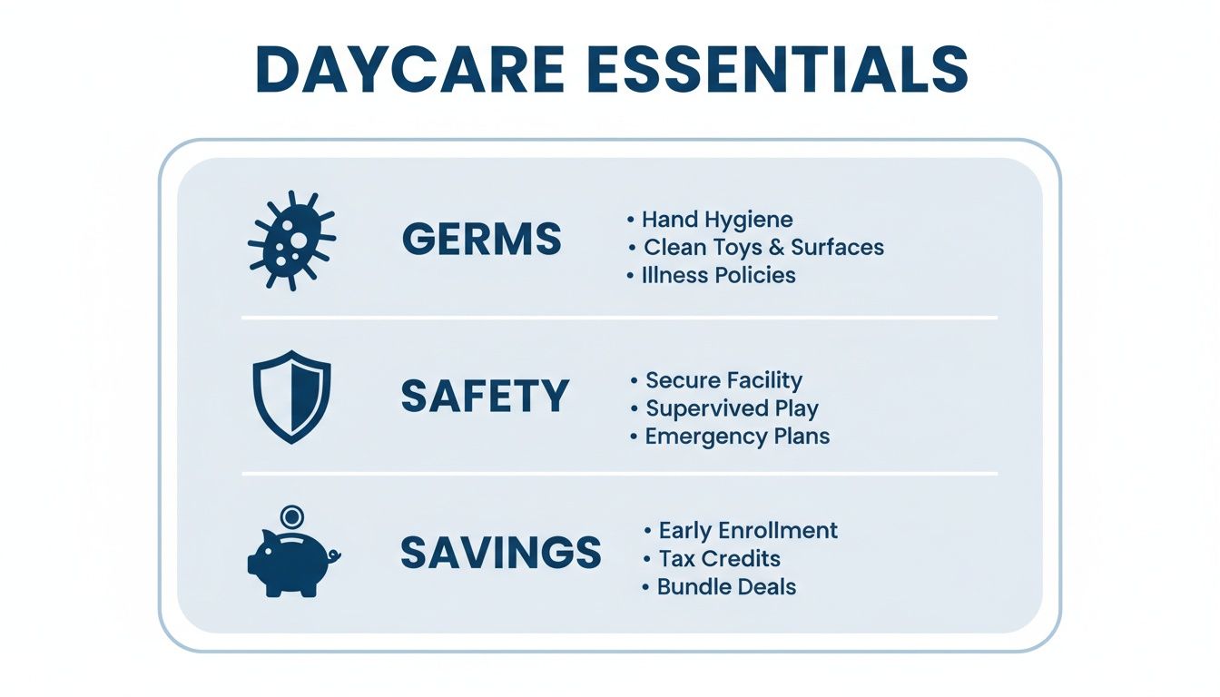 An infographic titled 'Daycare Essentials' listing germs, safety, and savings categories with bullet points.