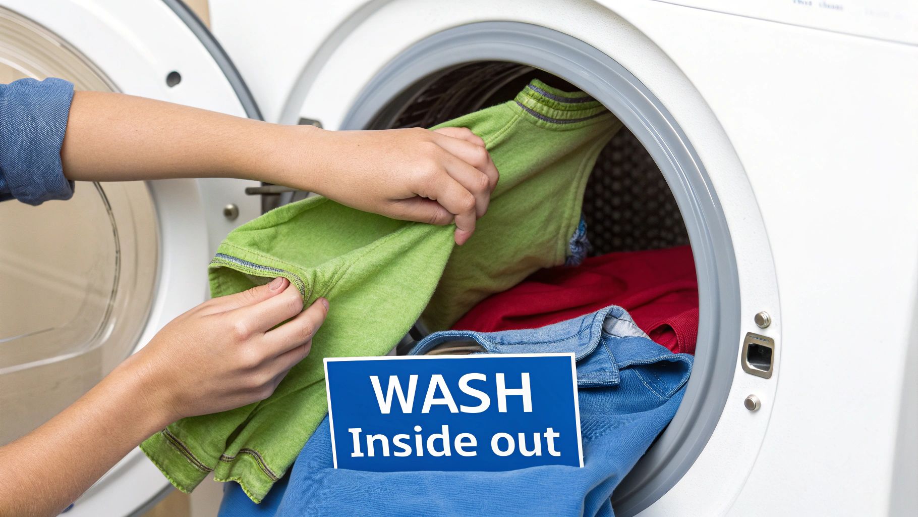 Hands putting a green shirt and other clothes into a washing machine, with a 'WASH Inside out' sign.