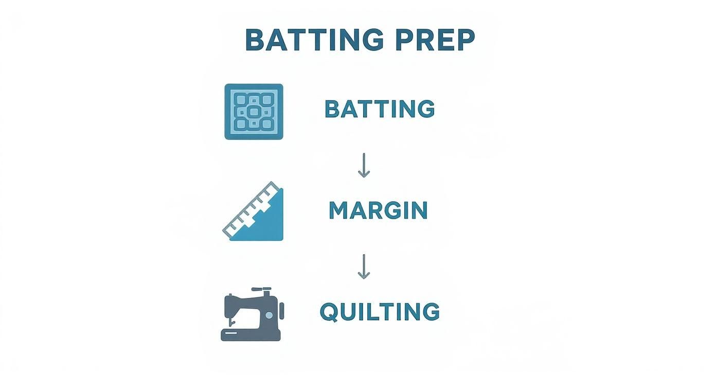 A process diagram titled 'Batting Prep' showing three steps: Batting, Margin, and Quilting, with corresponding icons.
