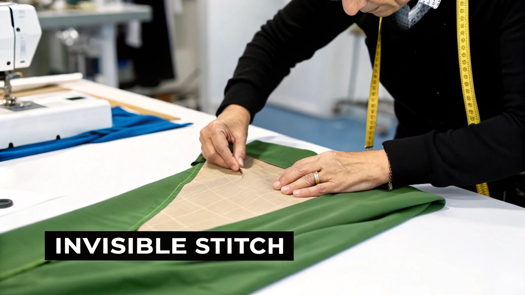 Close-up of hands meticulously sewing an invisible stitch on green fabric with a needle.