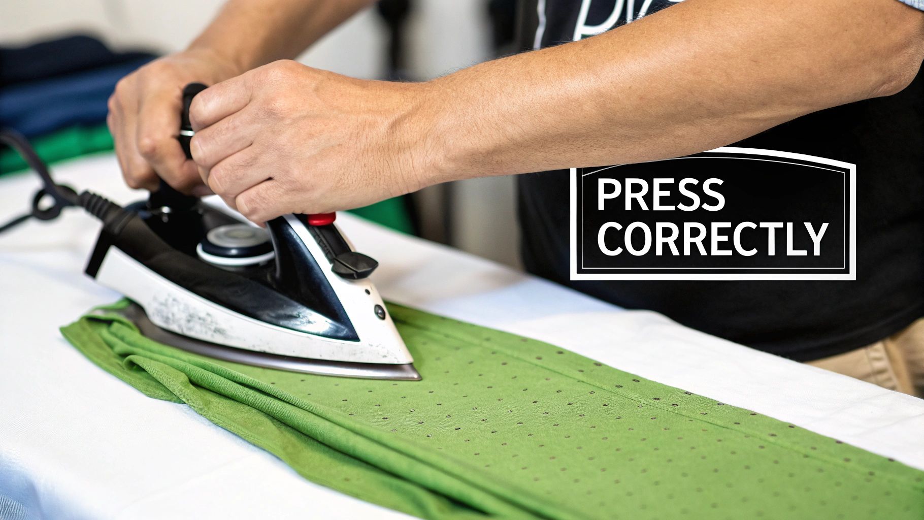 A person ironing fusible interfacing onto a piece of fabric