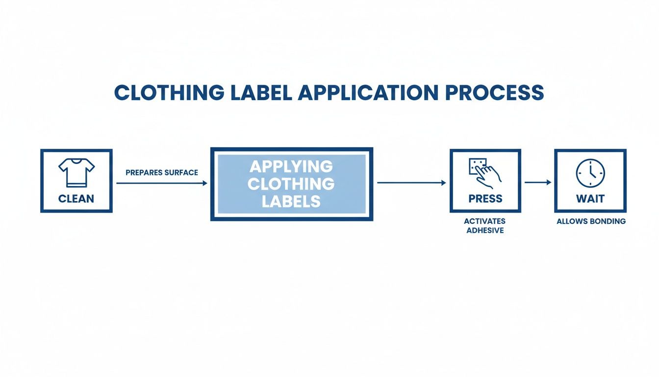 Diagram showing the four-step clothing label application process: clean, apply, press, and wait for bonding.