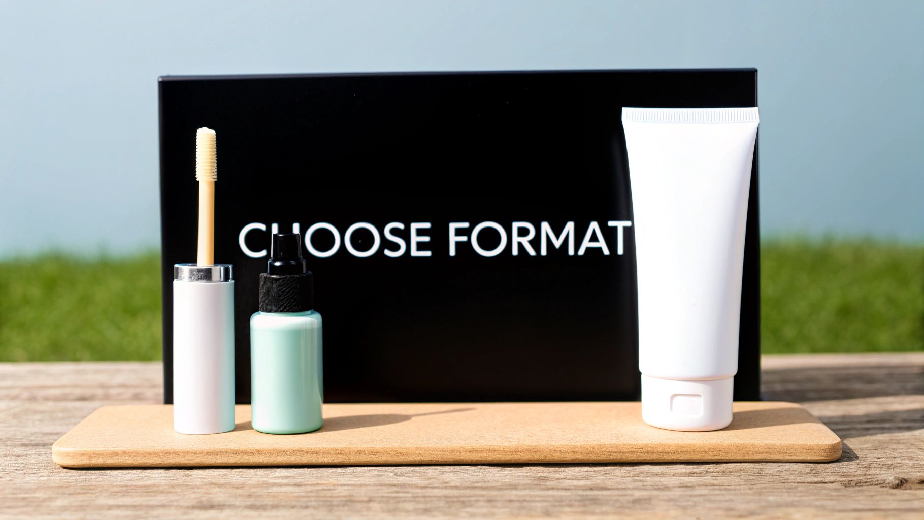 Three cosmetic products: mascara, spray, and cream, displayed with a 'CHOOSE FORMAT' sign.