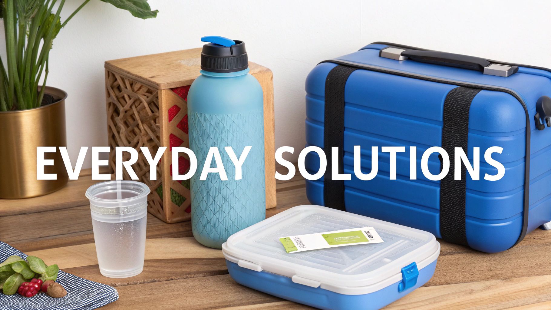 A collection of everyday solutions including a water bottle, lunchbox, and a blue storage case.