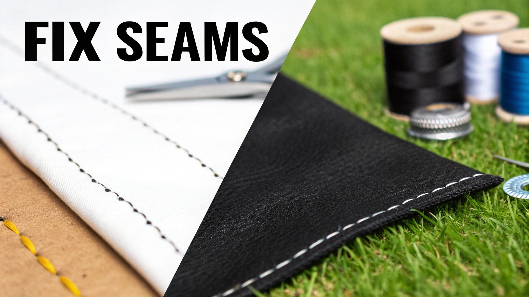 A split image showcasing various sewn fabric samples and sewing tools, with the prominent text 'FIX SEAMS'.
