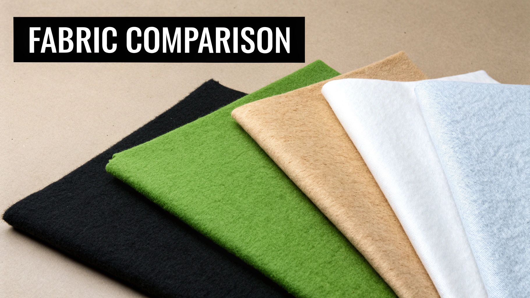 Diverse fabric swatches in black, green, tan, white, and blue, with 'FABRIC COMPARISON' text.