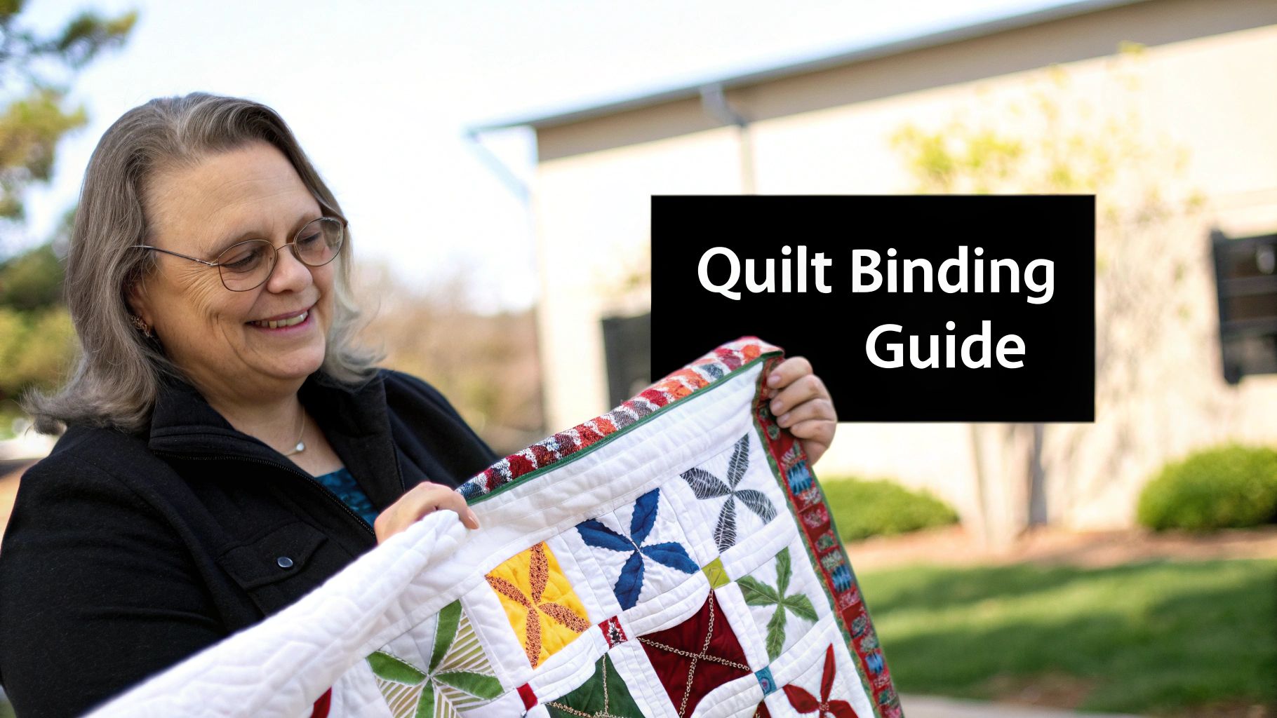 A close-up of a finished quilt binding showing neat stitches and a crisp corner