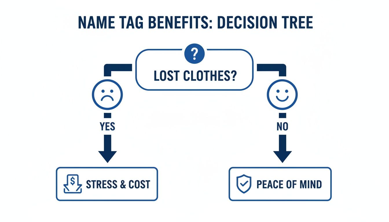 A decision tree illustrating name tag benefits: avoiding stress and cost from lost clothes, leading to peace of mind.