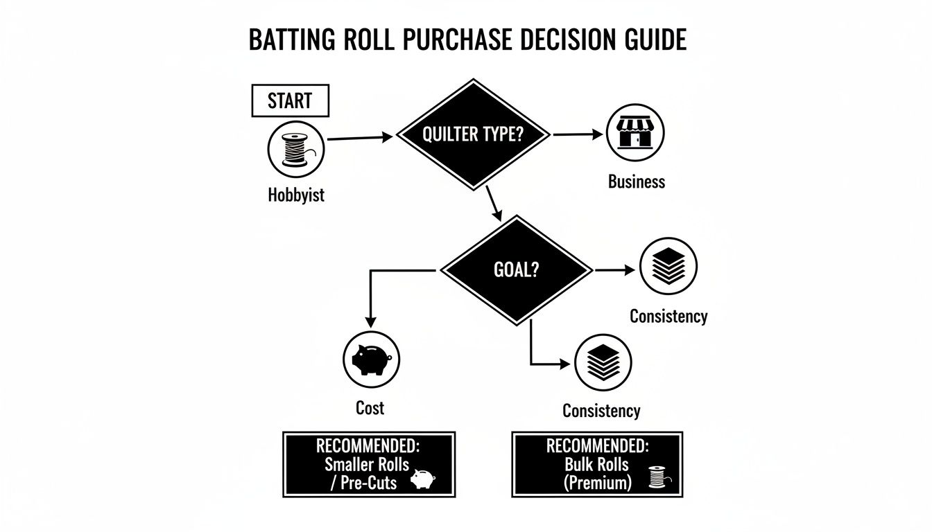 Flowchart showing batting roll purchase decisions for hobbyists versus businesses, considering cost or consistency goals.