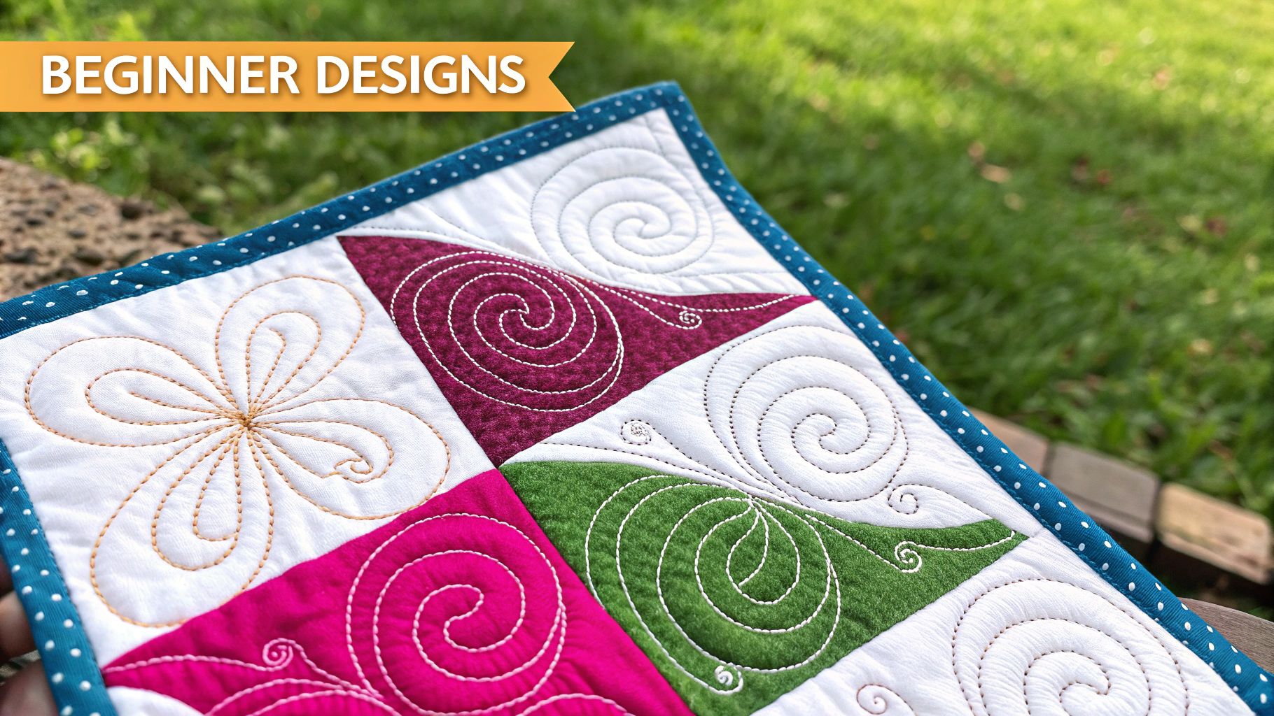 An example of a free motion quilting design featuring pebbles, swirls, and floral motifs.
